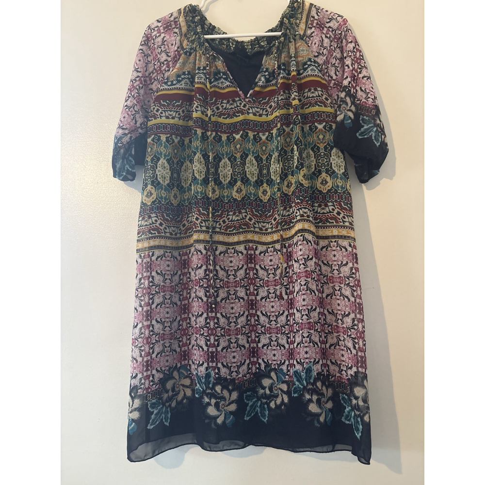 En Focus Petite 10P Dress Boho Patchwork Tribal Print Shift Mini Chiffon Floral